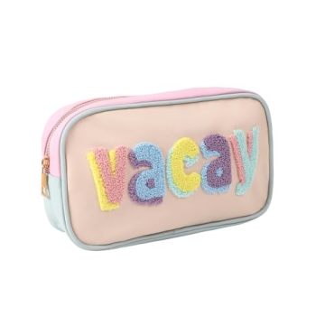 RSRSLEII Cute Waterproof PU Leather Chenille Letter Makeup Bag, Personalized Letter Cosmetic Bag wit...
