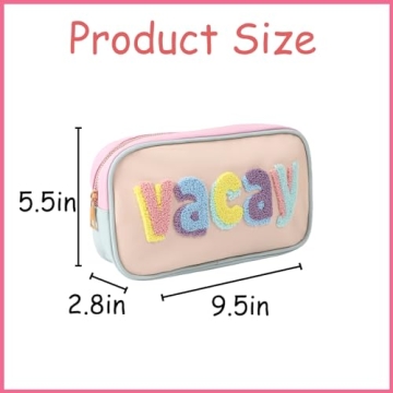 RSRSLEII Cute Waterproof PU Leather Chenille Letter Makeup Bag, Personalized Letter Cosmetic Bag with Zipper, Preppy Travel Organizer Toiletries Bag for Women and Girls(03 VACAY)