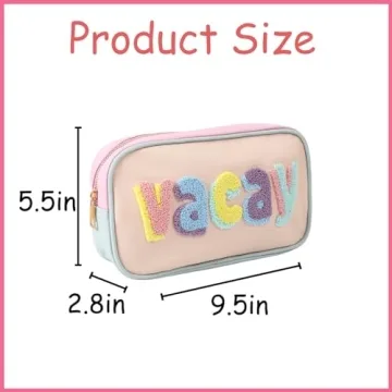 RSRSLEII Cute Waterproof PU Leather Chenille Letter Makeup Bag, Personalized Letter Cosmetic Bag with Zipper, Preppy Travel Organizer Toiletries Bag for Women and Girls(03 VACAY)