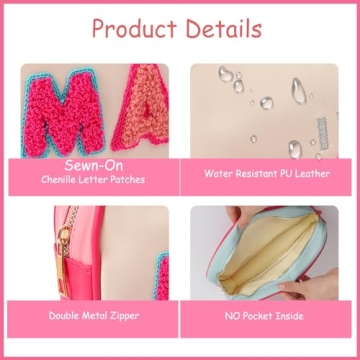 RSRSLEII Cute Waterproof PU Leather Chenille Letter Makeup Bag, Personalized Letter Cosmetic Bag with Zipper, Preppy Travel Organizer Toiletries Bag for Women and Girls(03 VACAY)