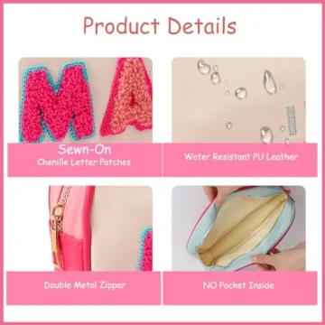 RSRSLEII Cute Waterproof PU Leather Chenille Letter Makeup Bag, Personalized Letter Cosmetic Bag with Zipper, Preppy Travel Organizer Toiletries Bag for Women and Girls(03 VACAY)