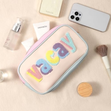 RSRSLEII Cute Waterproof PU Leather Chenille Letter Makeup Bag, Personalized Letter Cosmetic Bag with Zipper, Preppy Travel Organizer Toiletries Bag for Women and Girls(03 VACAY)