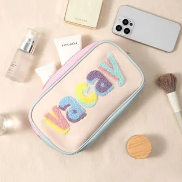 RSRSLEII Cute Waterproof PU Leather Chenille Letter Makeup Bag, Personalized Letter Cosmetic Bag with Zipper, Preppy Travel Organizer Toiletries Bag for Women and Girls(03 VACAY)