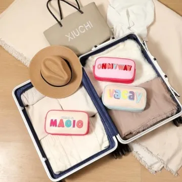 RSRSLEII Cute Waterproof PU Leather Chenille Letter Makeup Bag, Personalized Letter Cosmetic Bag with Zipper, Preppy Travel Organizer Toiletries Bag for Women and Girls(03 VACAY)