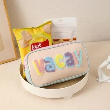 RSRSLEII Cute Waterproof PU Leather Chenille Letter Makeup Bag, Personalized Letter Cosmetic Bag with Zipper, Preppy Travel Organizer Toiletries Bag for Women and Girls(03 VACAY)