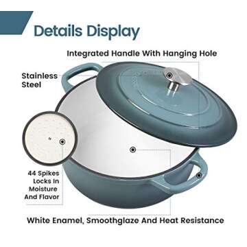 EDGING CASTING Enameled Cast Iron Covered Dutch Oven with Dual Handle, Dutch Ovens with Lid for Bread Baking, Safe to 500 degrees, 3.5 Quart, Slateblue