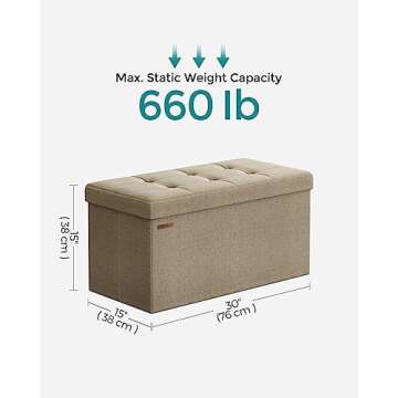 SONGMICS Mazie Collection - 30 Inches Folding Storage Ottoman Bench, Ottoman Foot Rest, End of Bed Bench, Storage Chest, Load 660 lb, for Living Room, Bedroom, Entryway, Camel Brown ULSF047R01
