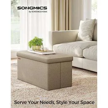 SONGMICS Mazie Collection - 30 Inches Folding Storage Ottoman Bench, Ottoman Foot Rest, End of Bed Bench, Storage Chest, Load 660 lb, for Living Room, Bedroom, Entryway, Camel Brown ULSF047R01