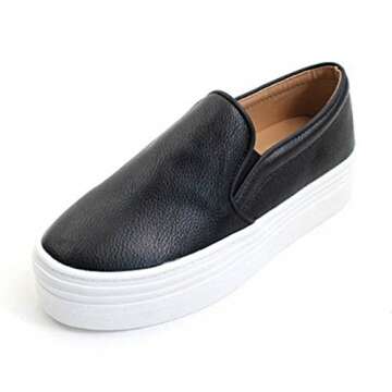 EpicStep Women's Black Casual Simple Slip-On Mid Heels Thick Soles Platform Shoes Low Fashion Sneakers 7.5 M US
