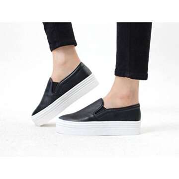 EpicStep Women's Black Casual Simple Slip-On Mid Heels Thick Soles Platform Shoes Low Fashion Sneakers 7.5 M US
