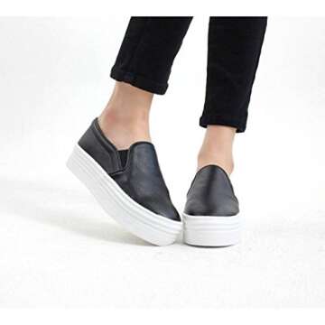 EpicStep Women's Black Casual Simple Slip-On Mid Heels Thick Soles Platform Shoes Low Fashion Sneakers 7.5 M US