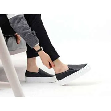 EpicStep Women's Black Casual Simple Slip-On Mid Heels Thick Soles Platform Shoes Low Fashion Sneakers 7.5 M US