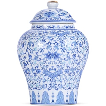 Chinese Ginger Jar with Lid Chinoiserie Antique Style,Home Decorative Retro Blue and White Porcelain...