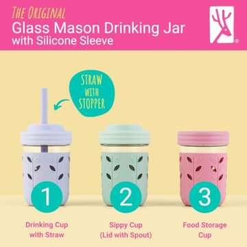 Elk and Friends Kids & Toddler Cups | The Original Glass Mason jars 8 oz with Silicone Sleeves & Sil...