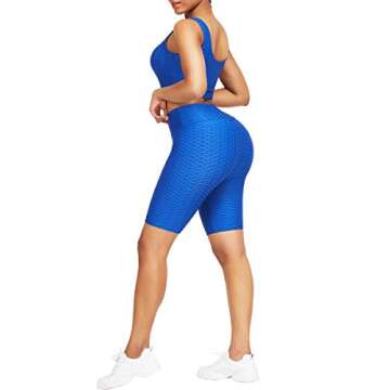 JOYMODE Women Sexy Yoga Outfits Textured Butt Lift Leggings with Wide Straps Sports Bra Racerback Blue