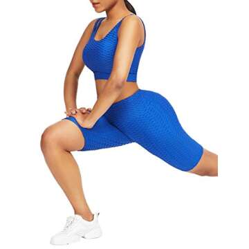JOYMODE Women Sexy Yoga Outfits Textured Butt Lift Leggings with Wide Straps Sports Bra Racerback Blue