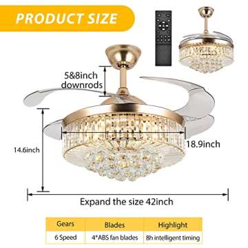 WWahuayuan 42" Ceiling Fans with Lights,Reversible Modern Crystal Ceiling Fans Light with Remote Control,3 Color Changeable, 3 Speed, 4 Retractable ABS Blades for Living Room Dining Room Decoration