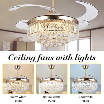 WWahuayuan 42" Ceiling Fans with Lights,Reversible Modern Crystal Ceiling Fans Light with Remote Control,3 Color Changeable, 3 Speed, 4 Retractable ABS Blades for Living Room Dining Room Decoration