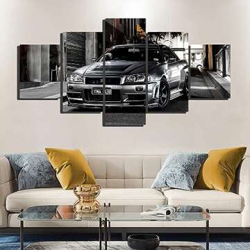 Black and White Nissan Skyline GTR R34 canvas wall art Car Art - 5 Pieces Canvas Wall Art, GTR Canvas Wall Art, supercar picture,boys bedroom decor,living room decor office decor,man cave decor
