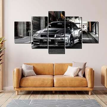 Black and White Nissan Skyline GTR R34 canvas wall art Car Art - 5 Pieces Canvas Wall Art, GTR Canvas Wall Art, supercar picture,boys bedroom decor,living room decor office decor,man cave decor