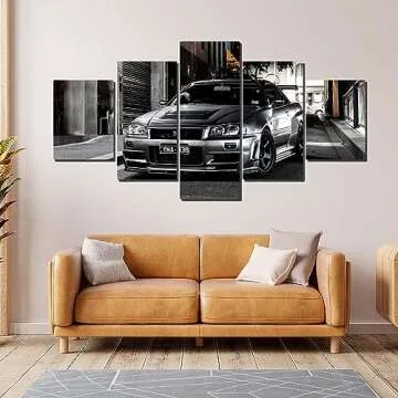 Black and White Nissan Skyline GTR R34 canvas wall art Car Art - 5 Pieces Canvas Wall Art, GTR Canvas Wall Art, supercar picture,boys bedroom decor,living room decor office decor,man cave decor