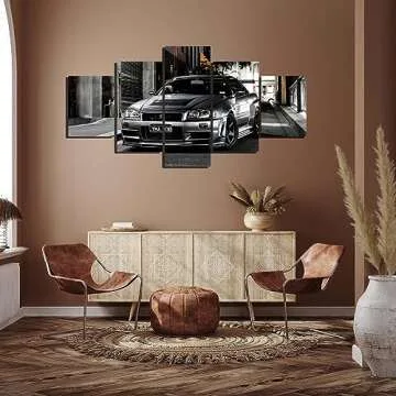 Black and White Nissan Skyline GTR R34 canvas wall art Car Art - 5 Pieces Canvas Wall Art, GTR Canvas Wall Art, supercar picture,boys bedroom decor,living room decor office decor,man cave decor