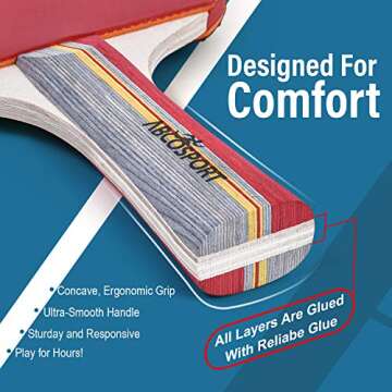 Abco Tech Ping-Pong Paddles and Balls Set - Professional, Recreational Table Tennis Paddles Set - Includes 4 Rackets with Flared Handles with 6 Balls - Black and Red Rubber for Optimal Spin Control