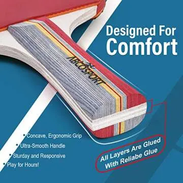 Abco Tech Ping-Pong Paddles and Balls Set - Professional, Recreational Table Tennis Paddles Set - Includes 4 Rackets with Flared Handles with 6 Balls - Black and Red Rubber for Optimal Spin Control