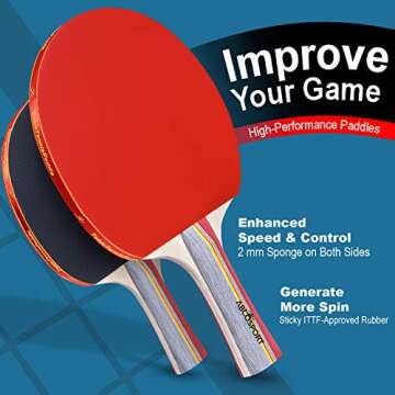 Abco Tech Ping-Pong Paddles and Balls Set - Professional, Recreational Table Tennis Paddles Set - Includes 4 Rackets with Flared Handles with 6 Balls - Black and Red Rubber for Optimal Spin Control