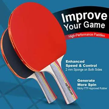 Abco Tech Ping-Pong Paddles and Balls Set - Professional, Recreational Table Tennis Paddles Set - Includes 4 Rackets with Flared Handles with 6 Balls - Black and Red Rubber for Optimal Spin Control