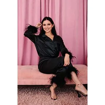 Belle's Design Feather Bridal Pajamas - Satin Silk Pants and Long Sleeve Feather Trim, Wedding, Bachelorette Party Sleepwear, Black/Large