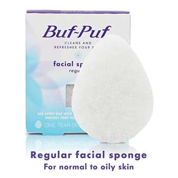 Buf-Puf Regular Facial Sponge, Dermatologist Developed, Removes Deep Down Dirt & Makeup that Causes Breakouts and Blackheads, Reusable, Exfoliating, White, 1 Count