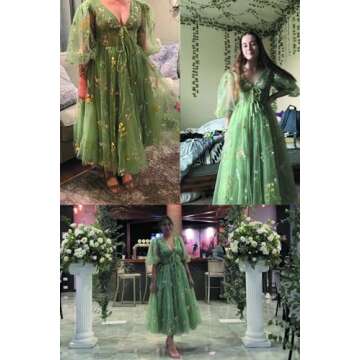 Women's Plus Szie Puffy Sleeve Prom Dresses Flower Embroidery Tulle Half Sleeve Formal Evening Party Gowns with Tea Length US18