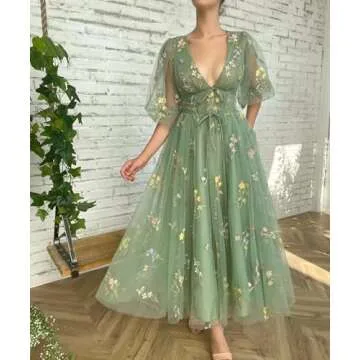 Elegant Plus Size Puffy Sleeve Prom Dress with Embroidery and Corset