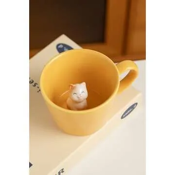 DIHOclub Cat Coffee Cup Hidden Ceramic Animal Inside Mug,Cute Cartoon Handmade Figurine Mugs,Holiday and Birthday Gift for Coffee Milk Tea Lovers,12 Oz(yellow)