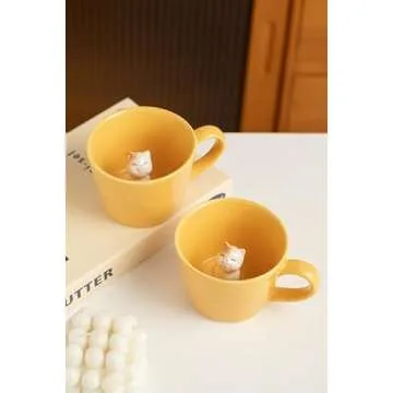 DIHOclub Cat Coffee Cup Hidden Ceramic Animal Inside Mug,Cute Cartoon Handmade Figurine Mugs,Holiday and Birthday Gift for Coffee Milk Tea Lovers,12 Oz(yellow)