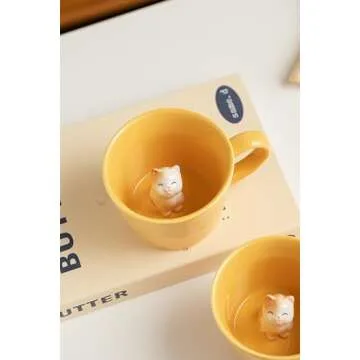 DIHOclub Cat Coffee Cup Hidden Ceramic Animal Inside Mug,Cute Cartoon Handmade Figurine Mugs,Holiday and Birthday Gift for Coffee Milk Tea Lovers,12 Oz(yellow)