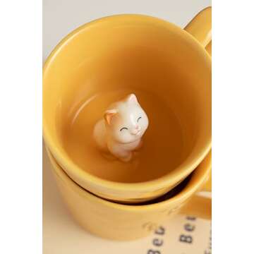 DIHOclub Cat Coffee Cup Hidden Ceramic Animal Inside Mug,Cute Cartoon Handmade Figurine Mugs,Holiday and Birthday Gift for Coffee Milk Tea Lovers,12 Oz(yellow)