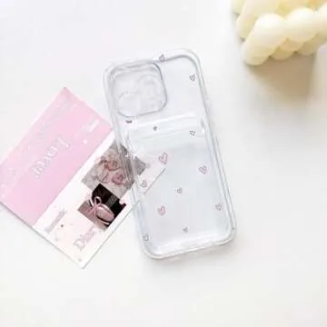 Compatible with iPhone 12 Pro Case Clear with Card Holder Cute Little Love Heart Pattern for Women Soft TPU Shock-Absorbing Wallet Case Protective Phone Cover - Pink
