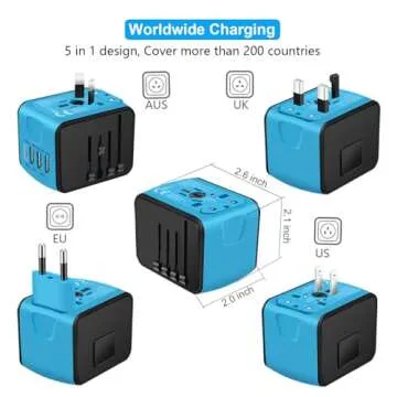 SAUNORCH Travel Adapter Worldwide, Universal International Power Plug Adapter W/2.4A 3xUSB-A and 3.0A Type-C Wall Charger, European Travel Plug Adapter for Europe UK EU US CA AU Italy Asia-Blue