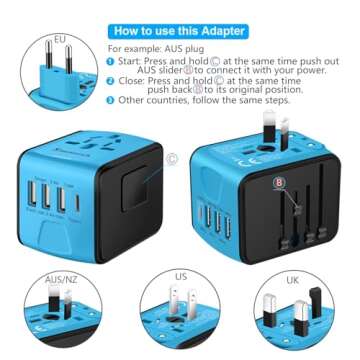 SAUNORCH Travel Adapter Worldwide, Universal International Power Plug Adapter W/2.4A 3xUSB-A and 3.0A Type-C Wall Charger, European Travel Plug Adapter for Europe UK EU US CA AU Italy Asia-Blue