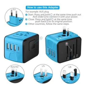 SAUNORCH Travel Adapter Worldwide, Universal International Power Plug Adapter W/2.4A 3xUSB-A and 3.0A Type-C Wall Charger, European Travel Plug Adapter for Europe UK EU US CA AU Italy Asia-Blue