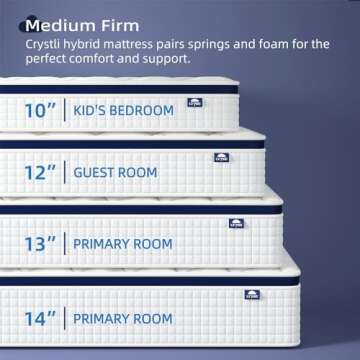 Crystli 14 Inch Queen Mattresses Bed in A Box, Queen Size Hybrid Mattress with Zero Pressure Foam, Innerspring Mattress for Pressure Relief, Motion Isolation, Medium Firm, CertiPUR-US Certified