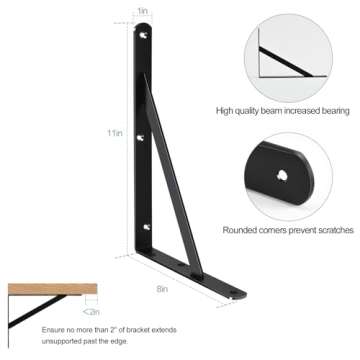 12 Pack L11 x H 8" Black Heavy Duty Shelf Brackets with Screws Metal Shelf Brackets Shelf Support An...