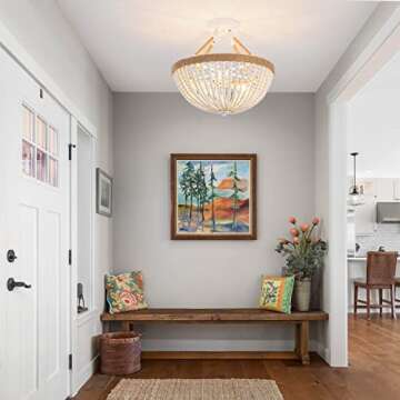 ELYCCUPA Wood Beaded Mini Chandelier Farmhouse Bohemia Semi Flush Mount Ceiling Light Rustic 3-Light Ceiling Lighting Fixtures for Bedroom Dining Nursery Room Girl Room Hallway, White, Dia 15 Inch