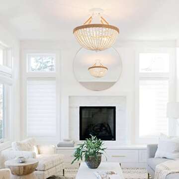 ELYCCUPA Wood Beaded Mini Chandelier Farmhouse Bohemia Semi Flush Mount Ceiling Light Rustic 3-Light Ceiling Lighting Fixtures for Bedroom Dining Nursery Room Girl Room Hallway, White, Dia 15 Inch
