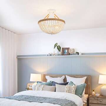 ELYCCUPA Wood Beaded Mini Chandelier Farmhouse Bohemia Semi Flush Mount Ceiling Light Rustic 3-Light Ceiling Lighting Fixtures for Bedroom Dining Nursery Room Girl Room Hallway, White, Dia 15 Inch