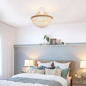 ELYCCUPA Wood Beaded Mini Chandelier Farmhouse Bohemia Semi Flush Mount Ceiling Light Rustic 3-Light Ceiling Lighting Fixtures for Bedroom Dining Nursery Room Girl Room Hallway, White, Dia 15 Inch
