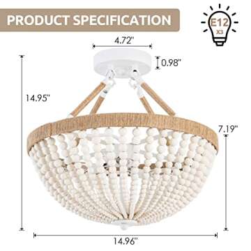 ELYCCUPA Wood Beaded Mini Chandelier Farmhouse Bohemia Semi Flush Mount Ceiling Light Rustic 3-Light Ceiling Lighting Fixtures for Bedroom Dining Nursery Room Girl Room Hallway, White, Dia 15 Inch