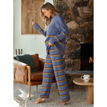 LILLUSORY 2 Piece Outfits for Women 2024 Fall Fashion Oversized Striped Sweaters Sets Cozy Lounge Sets Knit Clothes StripesDustyBlue S